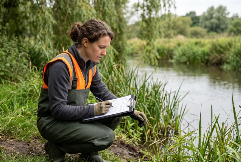 Ecologist conducting riverbank survey